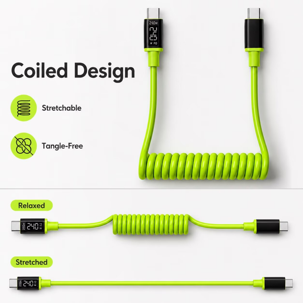 240W USB C/USB-A'dan C'ye Sarm - Coiled Usb Cable incelemesi ve fiyatı